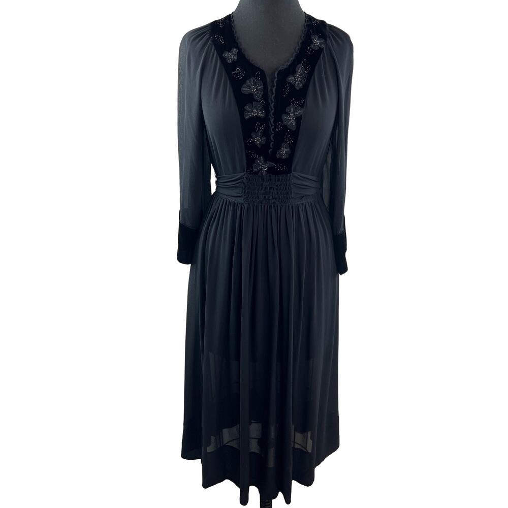 VINTAGE Rebecca Taylor Black Fit & Flare Dress Velour Floral Split Cocktail Sz 8